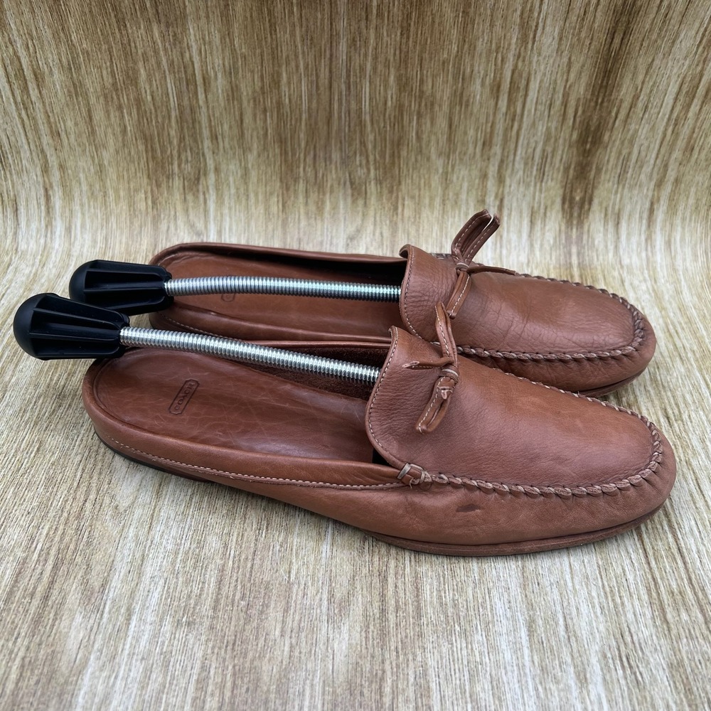 Coach Rayna Mule Loafer Women's 9 Brown Leather Made in Italy Bow Whipstitch